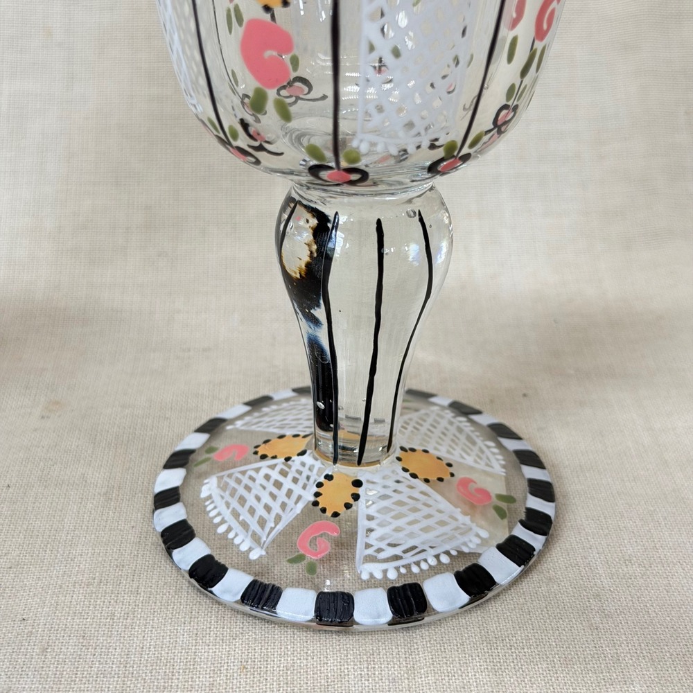 Vintage Mary Engelbreit Hand Painted Wine Goblets Pair Colorful Floral Glasses - Picture 6 of 8